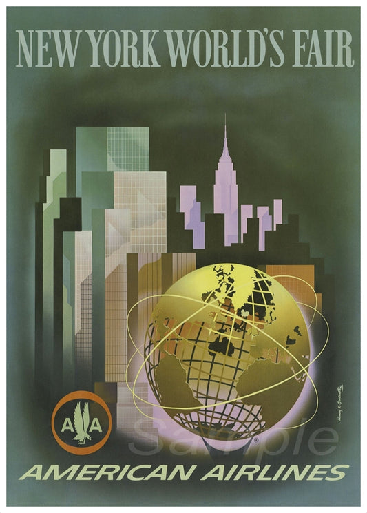 A vintage travel poster print promoting the New York World's Fair with a stylized image of the skyline and a globe, indicating international flair.
