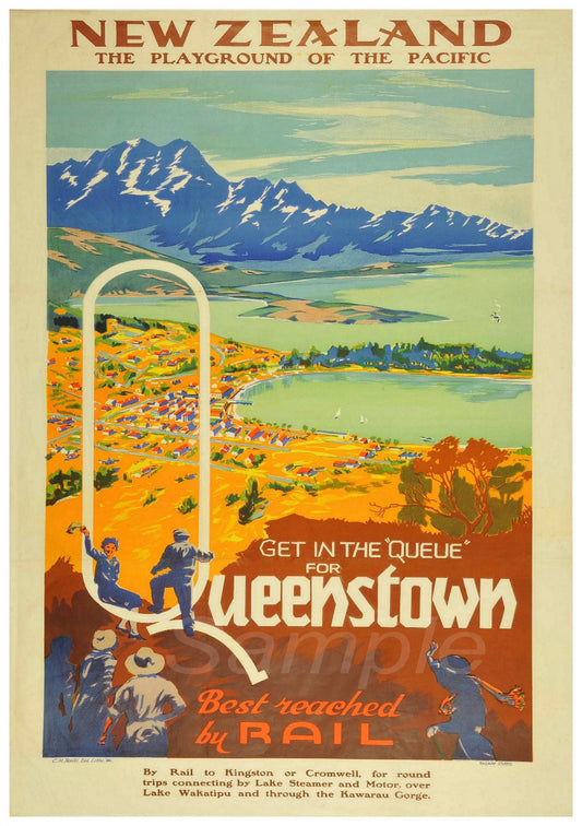 A vintage travel poster print featuring Queenstown, New Zealand, with a mountain range, a person on skis, and a ski lift in the foreground.