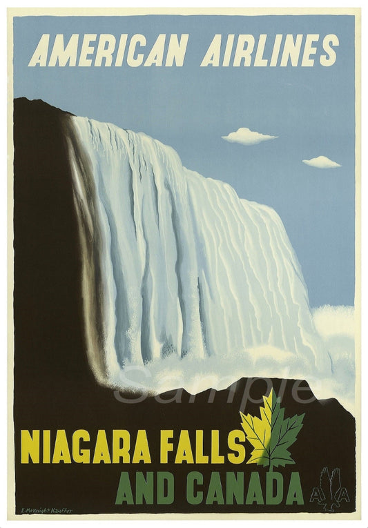 Vintage travel poster featuring Niagara Falls with the text 'American Airlines' and 'Niagara Falls and Canada', predominantly in blue and white colors.