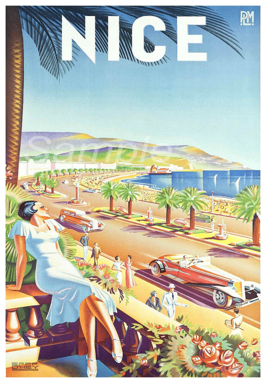 A vintage travel poster print depicting a woman in a white dress sitting by the beach, with the word 'NICE' in bold letters, palm trees, and a classic car in the background.