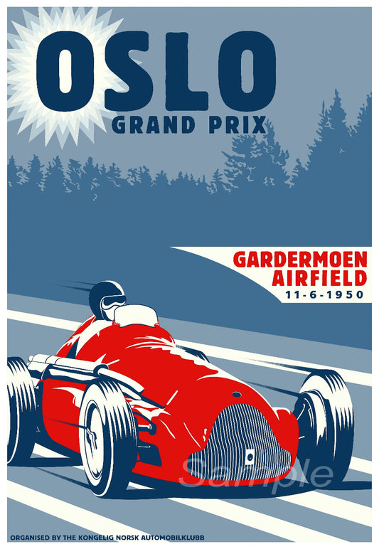 A vintage poster of the 1950 OSLO Grand Prix with a red racing car on a track, surrounded by trees, with 'Gardermoen Airfield' and event details.