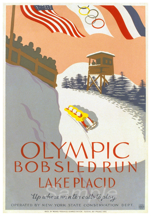 Vintage travel poster for the Olympic Bobsled Run in Lake Placid, featuring an illustration of a bobsled with a person riding it against a background of a snowy landscape and Olympic flags.