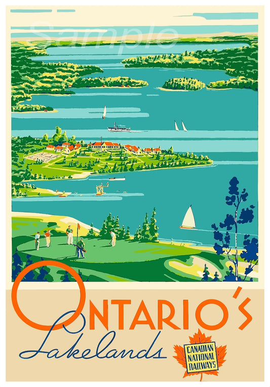 A vintage style travel poster featuring a colorful depiction of a lake landscape in Ontario, Canada, with text that reads 'Ontario's Lake Country' and 'Canada's Wonderland'. The poster has a retro aesthetic with a vivid representation of a lake, trees, and a clear sky.