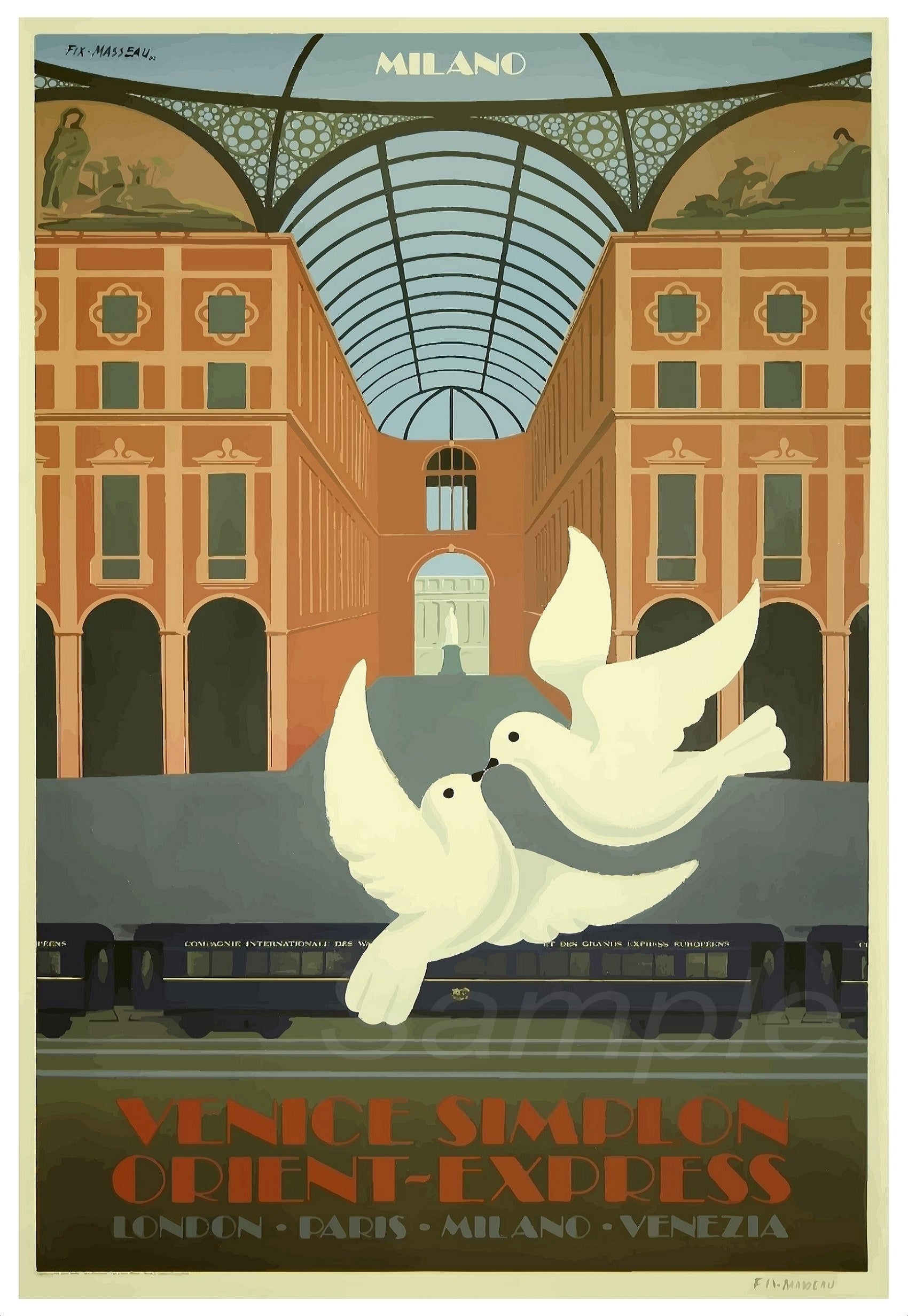 A vintage style poster depicting two white doves flying over a train station with the text 'VENICE SIRMIONE Orien-Express' and 'LONDO MILANO VENEZIA' on it.