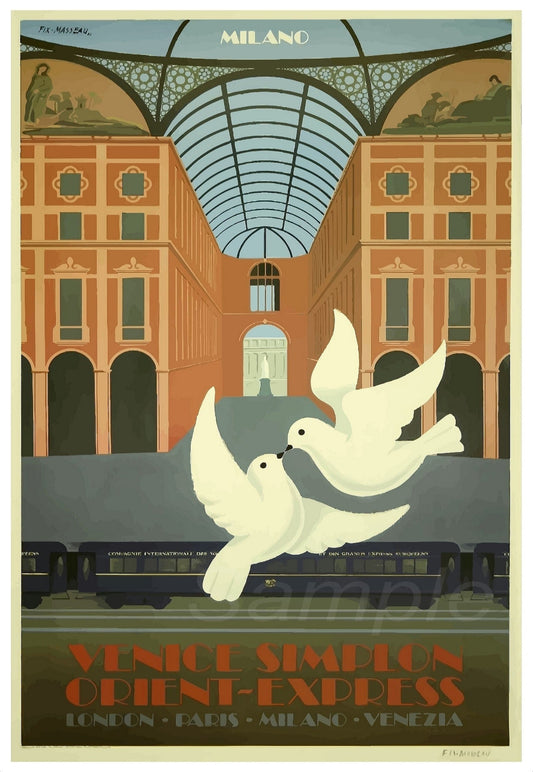 A vintage style poster depicting two white doves flying over a train station with the text 'VENICE SIRMIONE Orien-Express' and 'LONDO MILANO VENEZIA' on it.