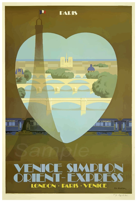 A vintage style poster depicting the Orient Express train with iconic landmarks and a heart shape in the background.