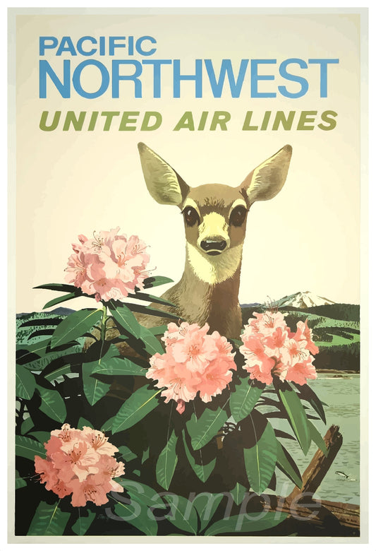 Vintage-style poster of a deer among flowers with 'Pacific Northwest United Air Lines' text.