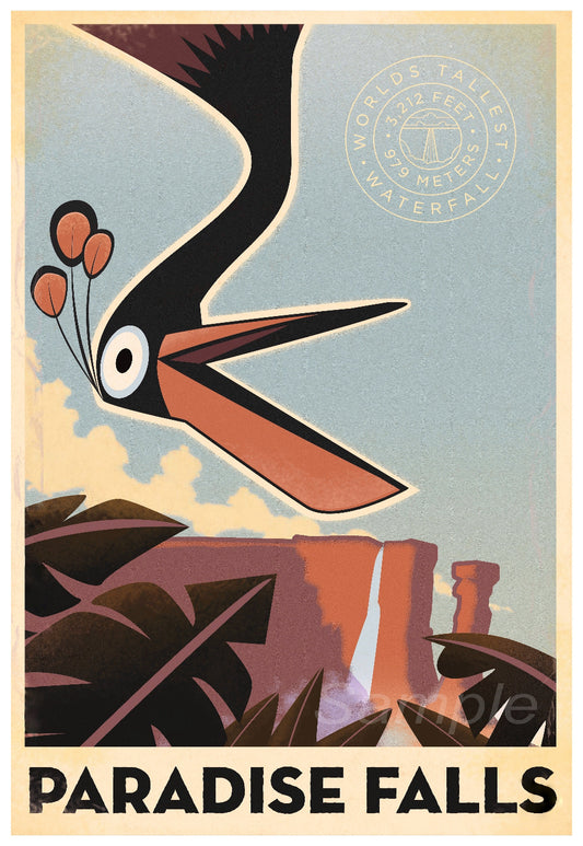 Vintage-style poster of a bird and waterfall with 'Paradise Falls' text