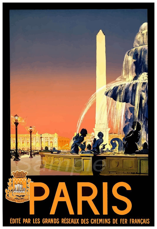 A vintage travel poster depicting a fountain and the Eiffel Tower in Paris, with a pink and orange sky, and the word 'PARIS' in bold letters.
