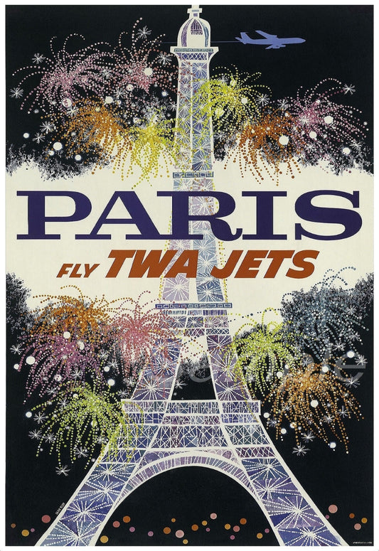 A vintage style travel poster depicting the Eiffel Tower with fireworks in the background, and the text 'PARIS fly TWA JETS' displayed prominently.