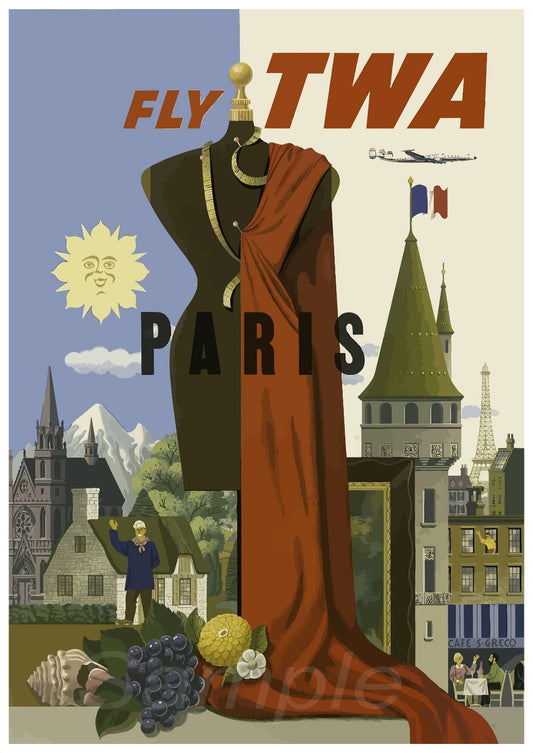 A vintage travel poster print depicting a mannequin dressed in red with a backdrop of Parisian architecture, promoting air travel to Paris via TWA.