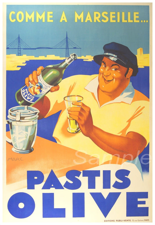 A vintage style poster of a man pouring a drink into a glass, with the words 'PASTIS OLIVE' prominently displayed.