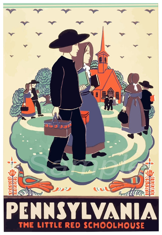 Vintage-style travel poster for Pennsylvania featuring a couple and a schoolhouse.