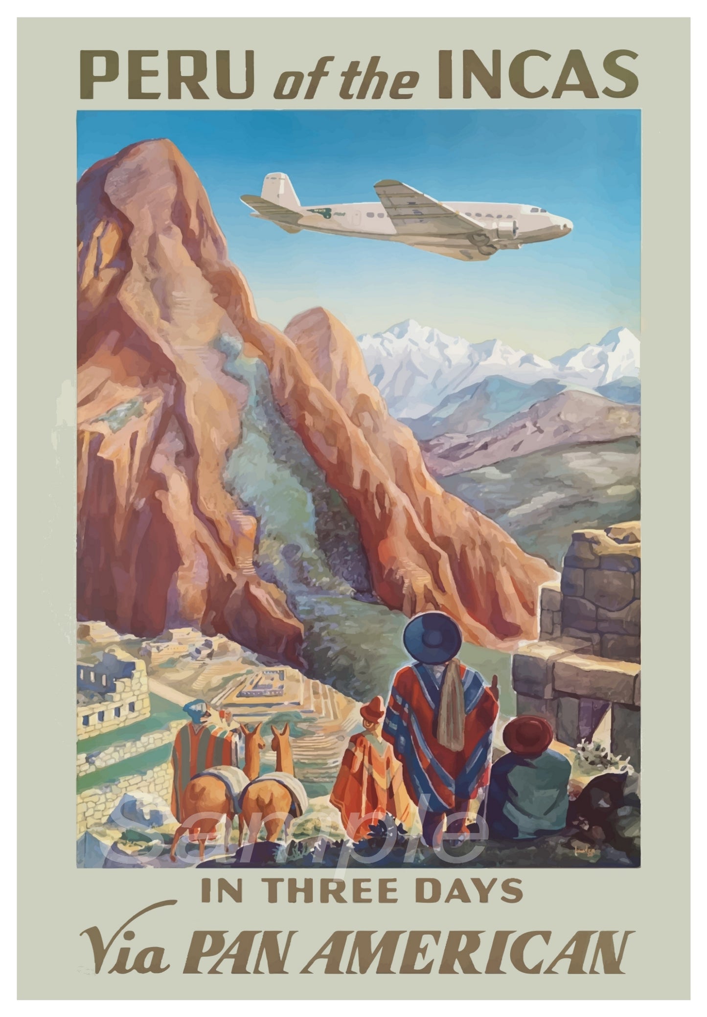 Vintage-style travel poster for Peru featuring mountains, an airplane, and people in traditional clothing.