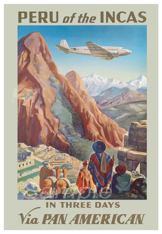 Vintage-style travel poster for Peru featuring mountains, an airplane, and people in traditional clothing.