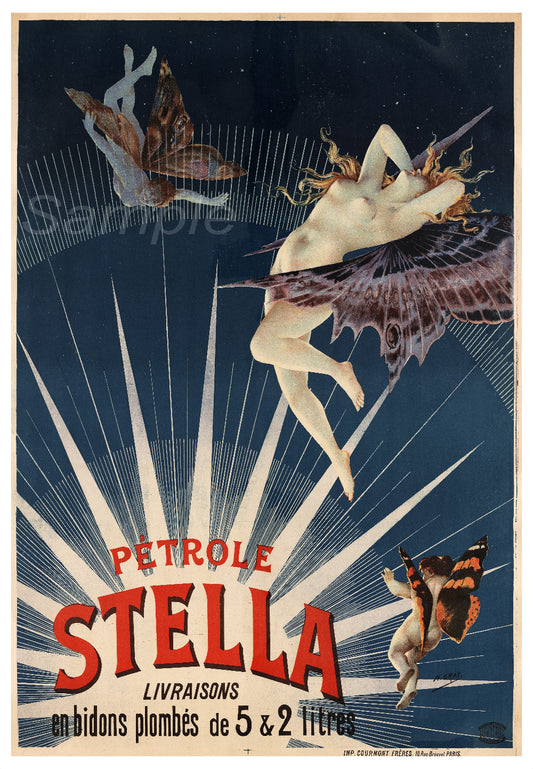Vintage advertisement poster for Petrole Stella with a fairy and butterfly design.