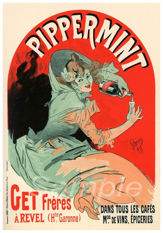 Vintage advertising poster for Pippermint wine featuring a stylized woman with a Pippermint wine glass.