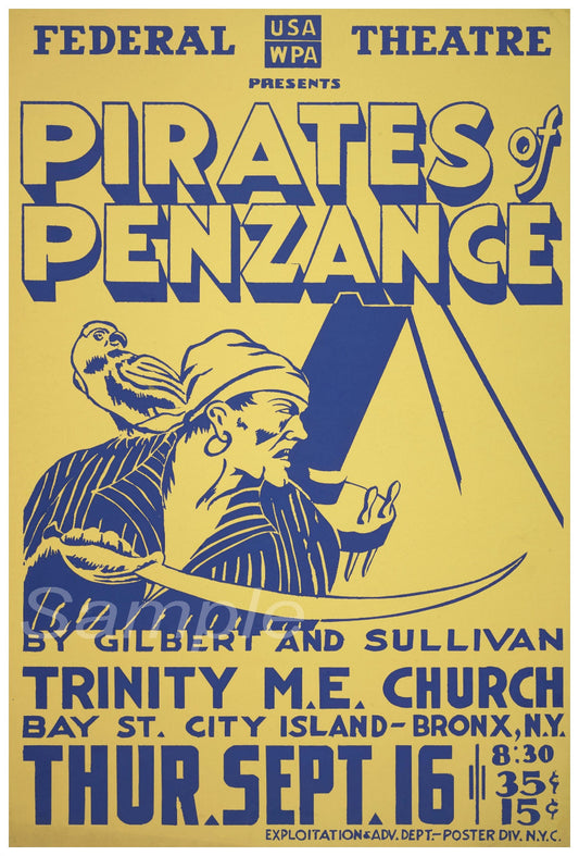 A vintage-style poster for 'Pirates of Penzance' theater production, featuring a pirate captain with a hat, in yellow and blue colors.