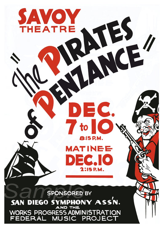 A vintage-style poster for 'The Pirates of Penzance' theater production, featuring text and an illustration of a pirate and a ship.