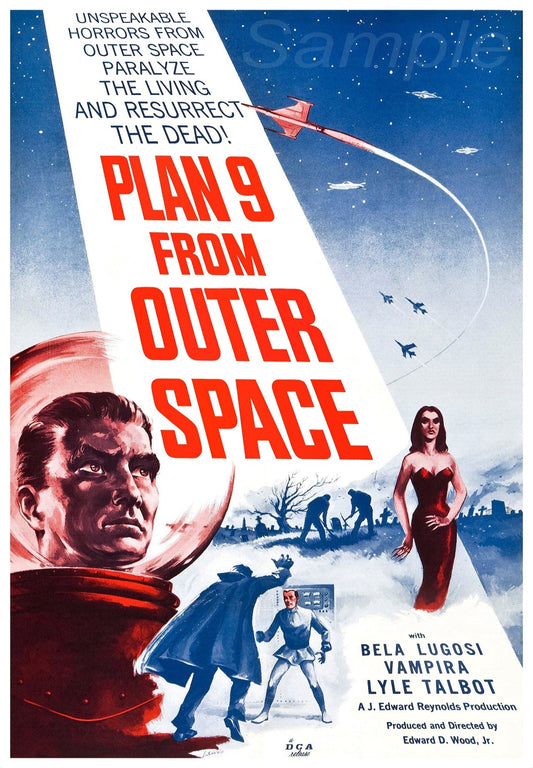 Vintage movie poster for 'Plan 9 from Outer Space' with text and characters.