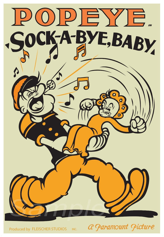 Cartoon poster of Popeye and Bluto from 'Sock-A-Bye, Baby' with musical notes.