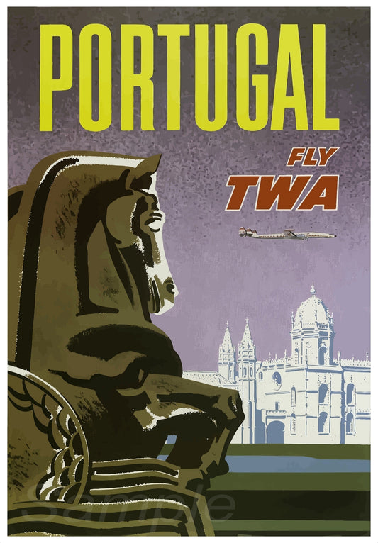 A vintage style travel poster depicting a statue and a airplane with the text 'PORTUGAL FLY TWA' in bold letters.