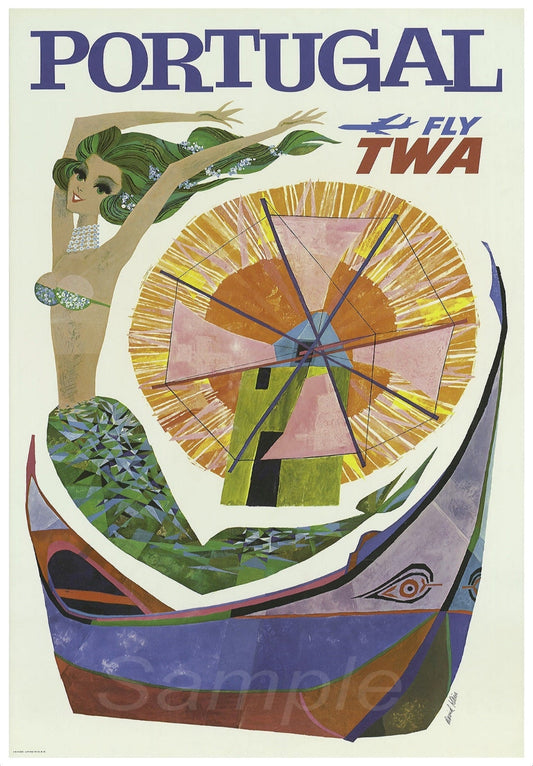 Vintage TWA Portugal travel poster with abstract design and woman in a gondola.