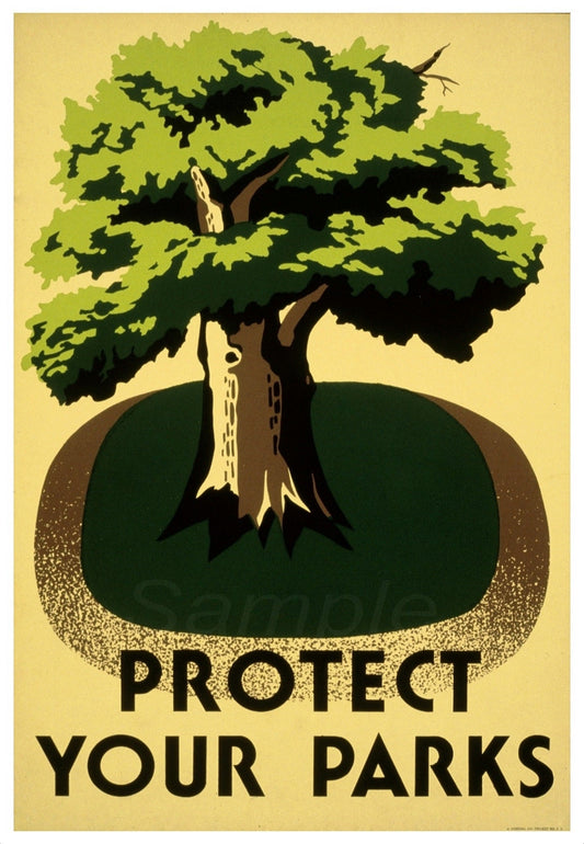 A vintage style poster with a tree illustration and the text 'PROTECT YOUR PARKS' on a yellow background.