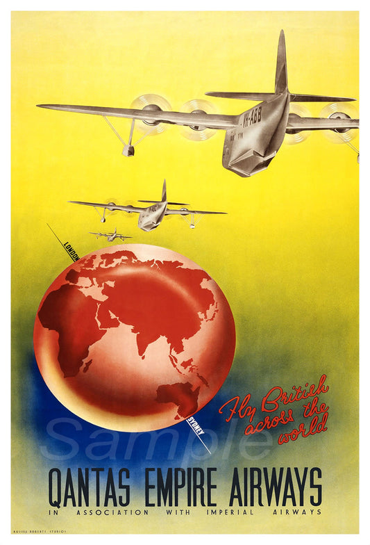 A vintage travel poster print featuring Qantas Airways with an airplane, a globe, and text elements against a yellow background.