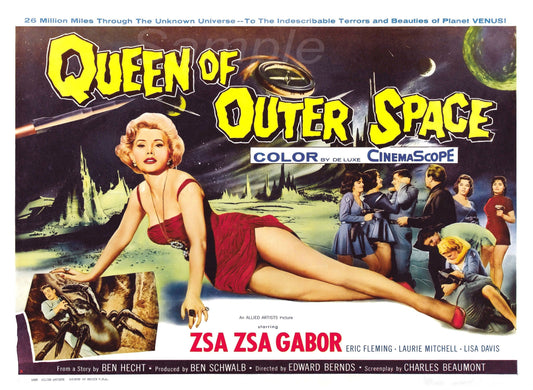 Vintage movie poster print of 'Queen of Outer Space' featuring an illustration of a woman in a red dress sitting on a rock with a space-themed background, including rockets and outer space.