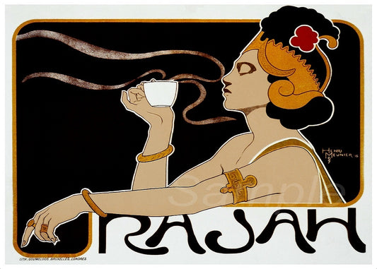 A vintage style poster of a woman drinking coffee, with the brand name 'Rajah' prominently displayed.