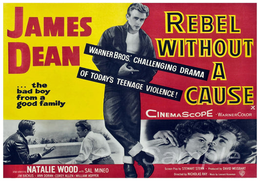 Vintage movie poster for the film 'Rebel Without A Cause' featuring James Dean, with yellow, red, and black color scheme and text detailing.