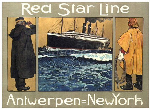 Vintage Red Star Line New York advertising poster featuring imagery of a ship and two figures on land in Victorian clothing.