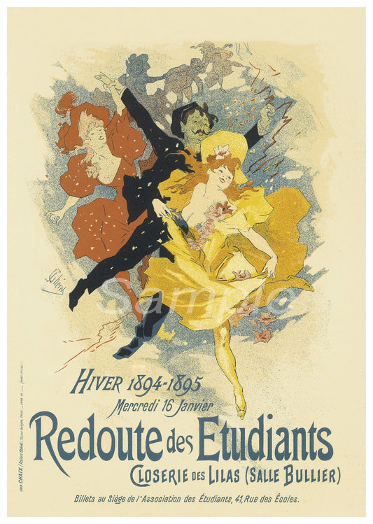 A vintage French advertising poster featuring a colorful illustration with human figures, decorative elements, and text related to the 'Redoute des Etudiants' event.