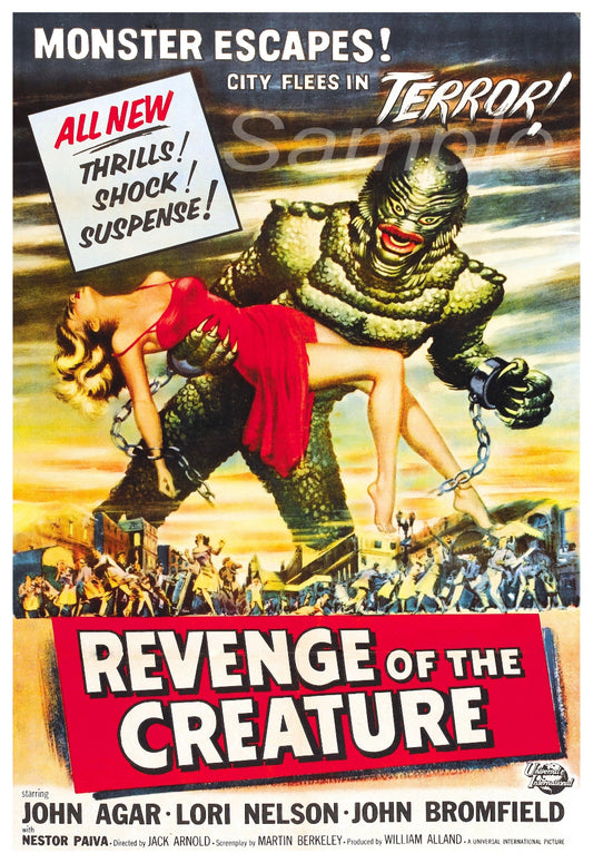 Vintage movie poster print for 'Revenge of the Creature' featuring a creature in a red dress on the loose with a city in terror.