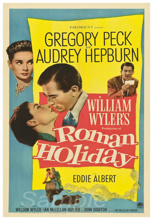 Vintage movie poster print of 'Roman Holiday' featuring Audrey Hepburn, with images of the actors and title text.