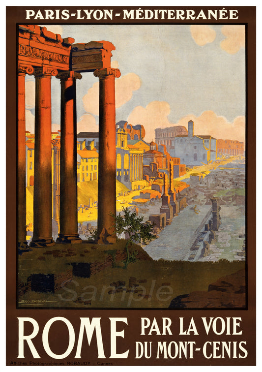 A vintage travel poster depicting a scene of ancient Roman architecture with a scenic background, titled 'ROME PAR LA VOIE DU MONT-CENIS'.