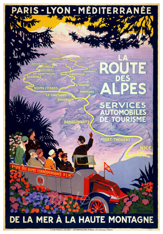 Vintage travel poster depicting a mountainous landscape with a classic car and people, titled 'Route Des Alpes'.