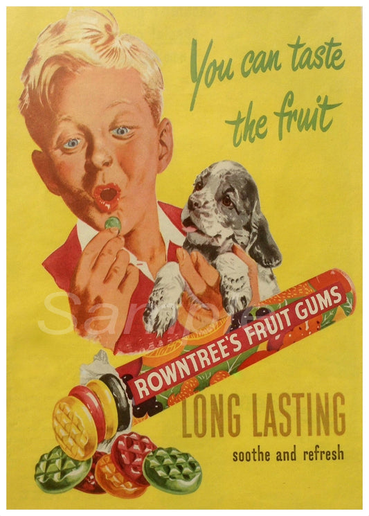 A vintage-style advertisement poster for Rowntree's Fruit Gums featuring an illustration of a boy with a dog, candies, and text highlighting the product's qualities.