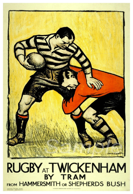 A vintage travel poster featuring two rugby players, one tackling the other, with the text 'Rugby at Twickenham by Tram' and additional text indicating different locations.