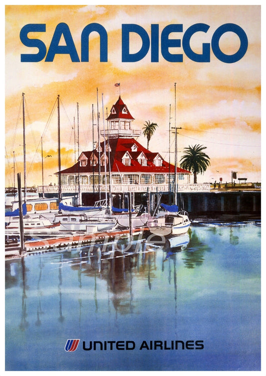 A vintage travel poster print depicting San Diego with United Airlines branding, featuring a marina and a building with a red roof at sunset.