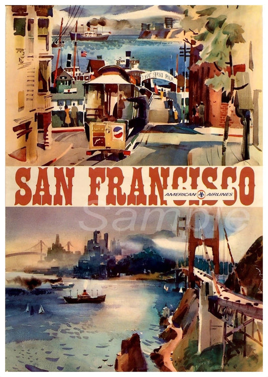 A vintage travel poster featuring San Francisco, with iconic landmarks such as the Golden Gate Bridge and a cable car, and the text 'San Francisco' prominently displayed.