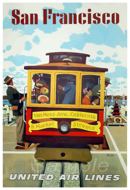 A vintage travel poster featuring a colorful depiction of a cable car on Market Street in San Francisco, with the United Air Lines logo and the name 'Van Ness Ave, California' displayed.