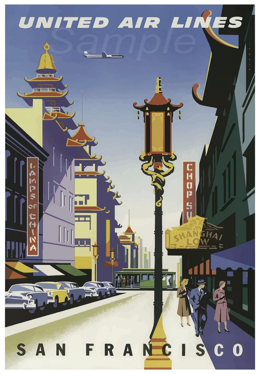 A vintage travel poster depicting a vibrant cityscape of San Francisco with the United Air Lines logo at the top.