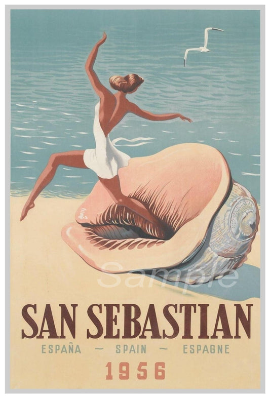 A vintage style travel poster depicting a stylized image of a woman on a shell with the text 'San Sebastian Espana - Spain - Espagne 1956'.