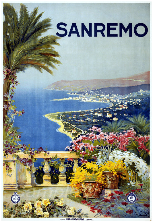 A vintage style travel poster depicting a scenic view of Sanremo, Italy, with flowers in the foreground and the town and sea in the background.