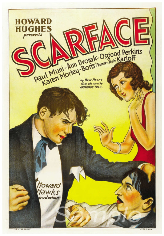A vintage movie poster print of the Scarface film, depicting a color illustration of characters from the movie.