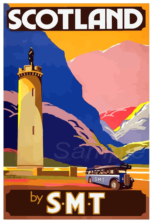 A vintage travel poster print depicting a scene in Scotland with a lighthouse, mountains, and a car, with the text 'SCOTLAND' and 'by S-M-T' at the top and bottom.