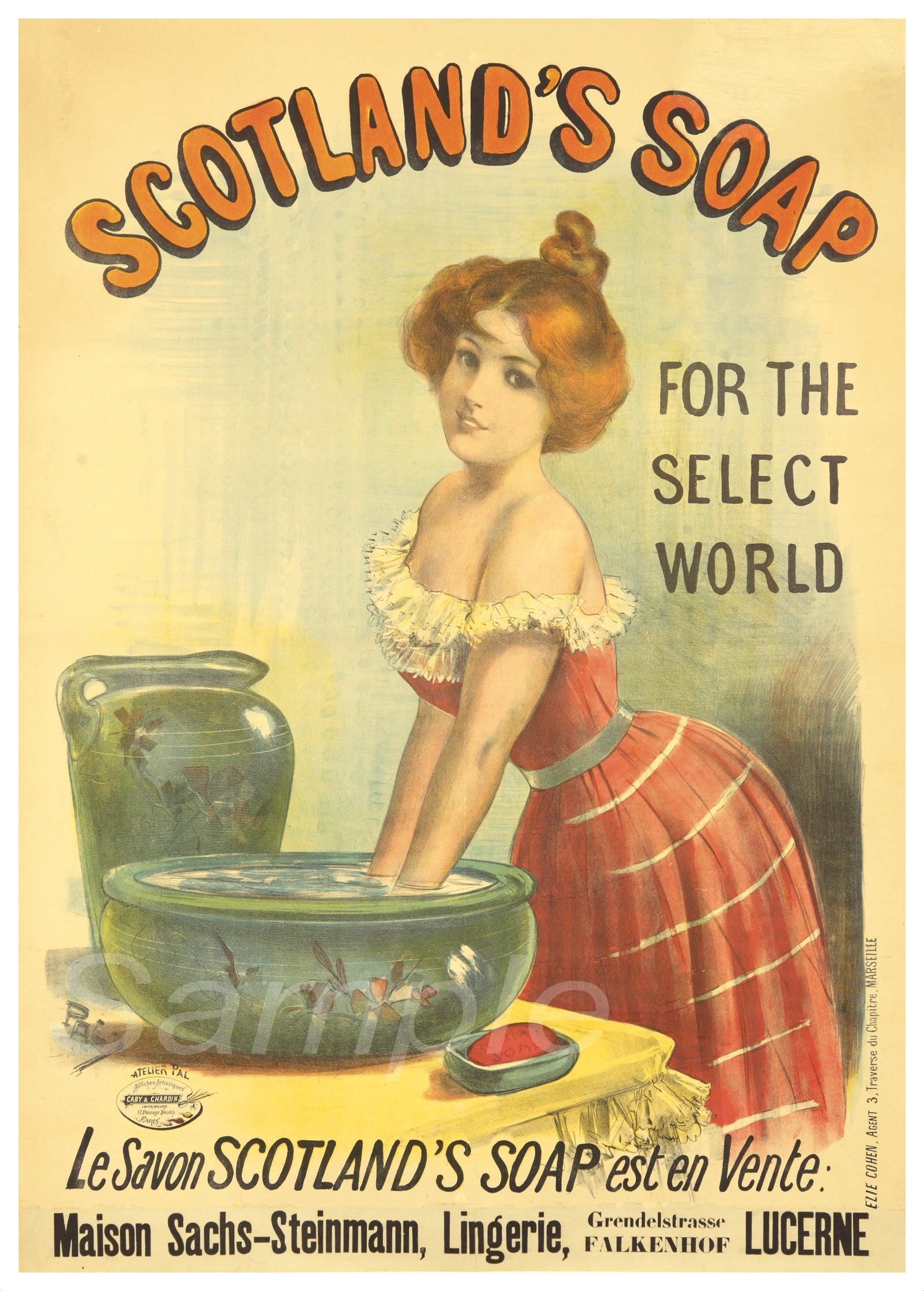 A vintage-style poster of Scotland's Soap with a woman in a red and black dress washing clothes in a green basin.