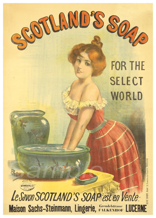 A vintage-style poster of Scotland's Soap with a woman in a red and black dress washing clothes in a green basin.